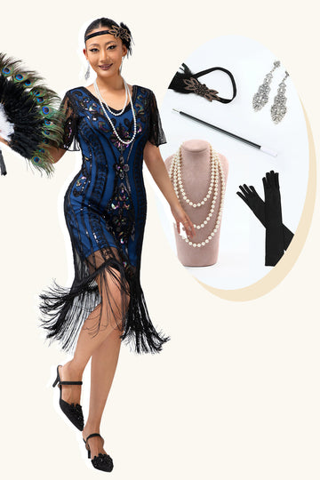 Preto Azul Lantejoulas Fringe Scoop Neck 1920s Vestido com 5-Piece Acessórios set